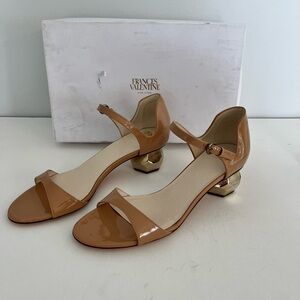 Frances Valentine Nude Patent Leather Low Heel Sandals with Gold Accent Bella 9